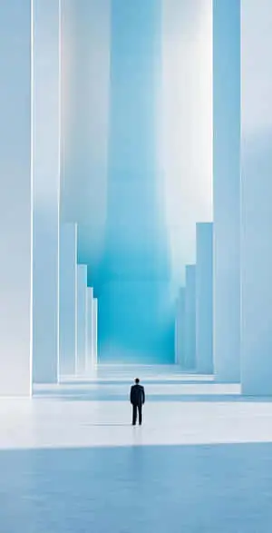 solitary figure before abstract pastel structure